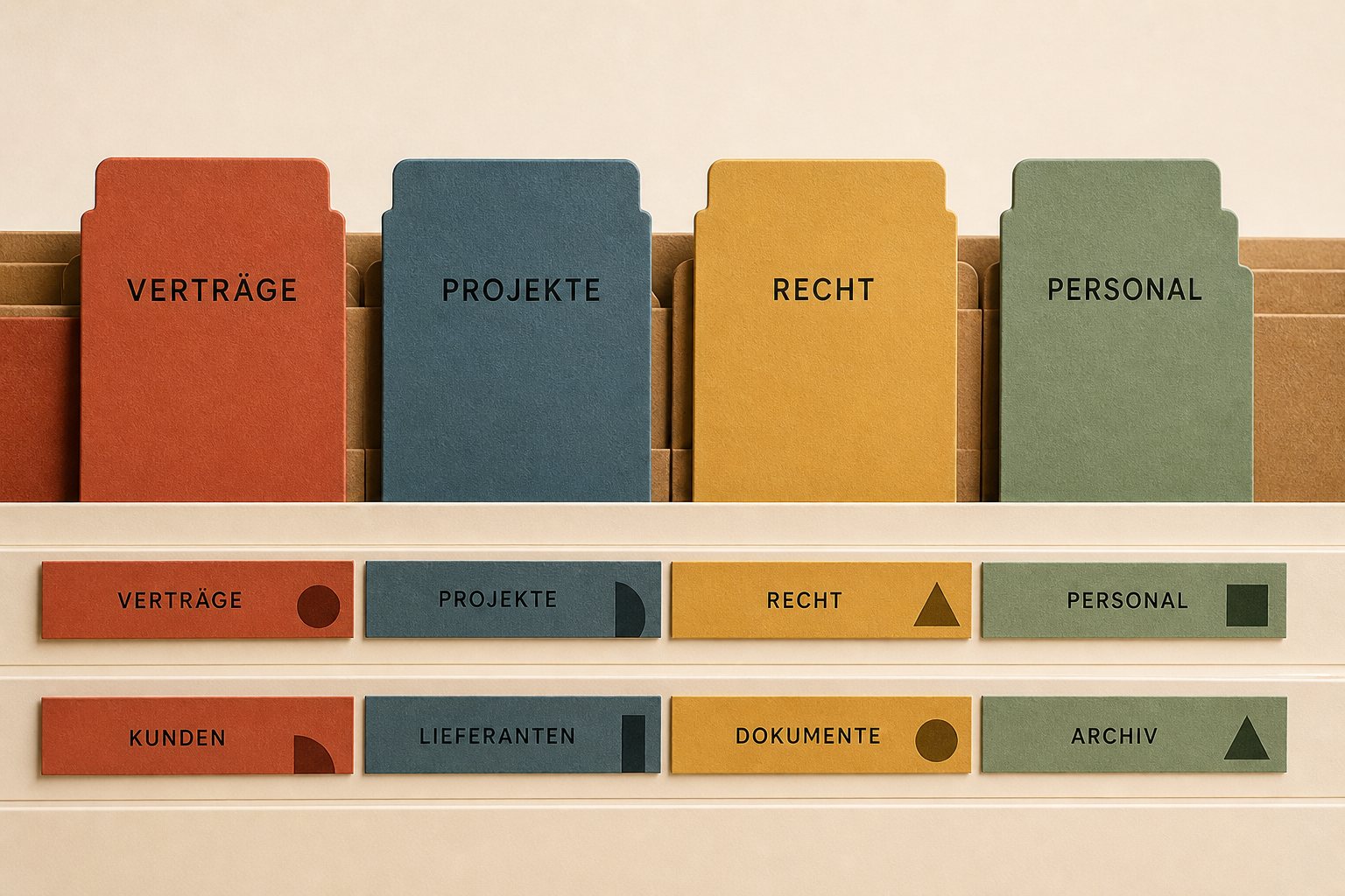 Farbige Ordnerreiter und Kategorieetiketten im Bauhaus-Stil