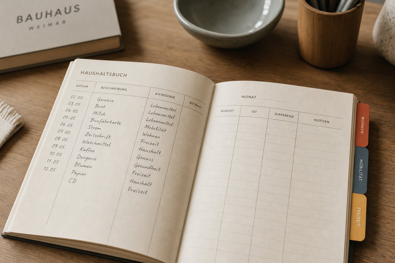 Offenes Haushaltsjournal mit Rasterpapier und farbigen Registern auf einem Schreibtisch