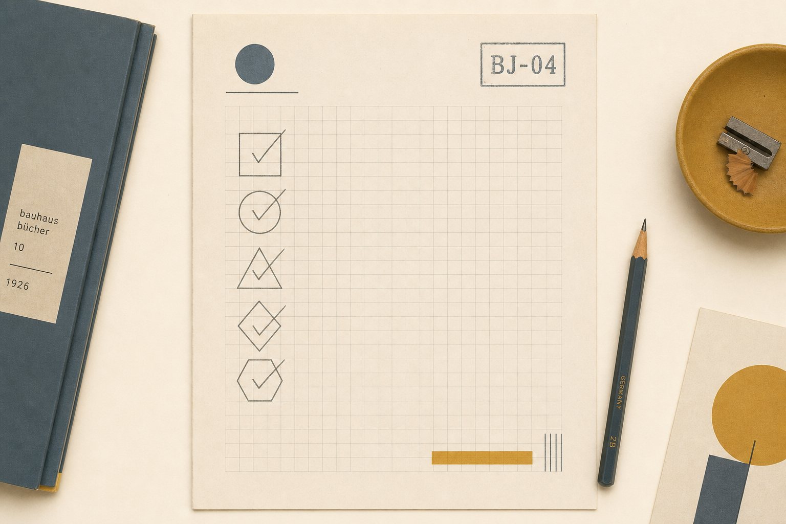 Checkliste auf Rasterpapier mit geometrischen Markierungen für die Wochenprüfung